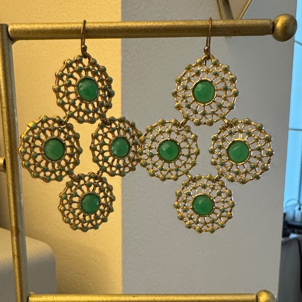 Stella & Dot Garden Party Drop Gold and Green Statement Earrings